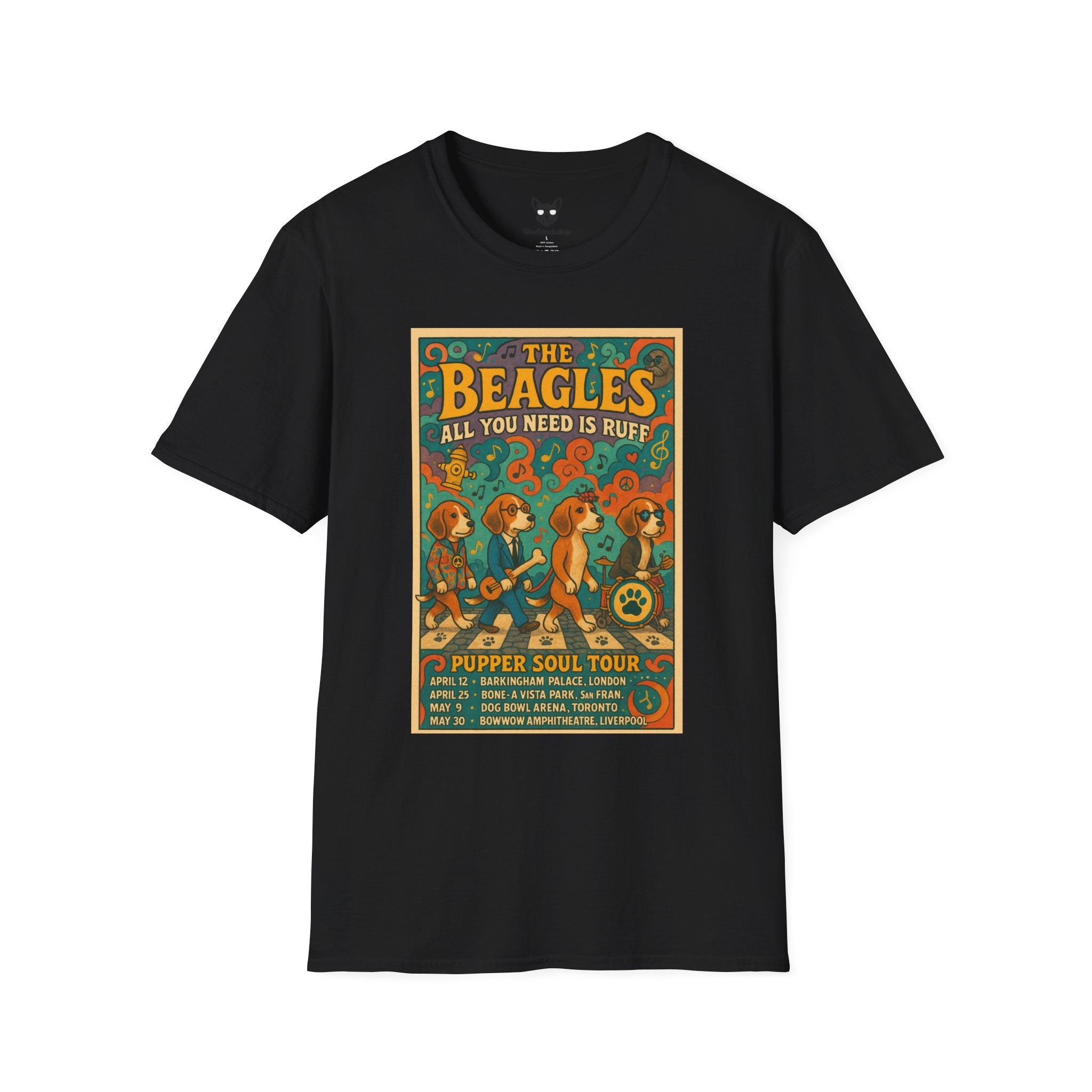 The Beatles Concert Poster Dog Parody Unisex Softstyle T-Shirt -- Funny Dog Concert Tee for Music and Dog Lovers